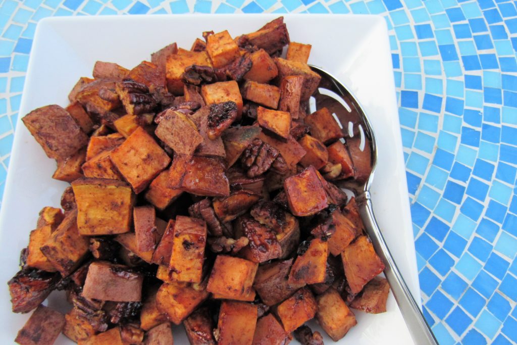 maple roasted sweet potatoes with pecans