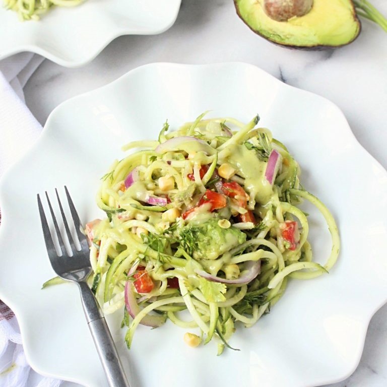 Summer Zoodle Salad with Avocado Miso Dressing